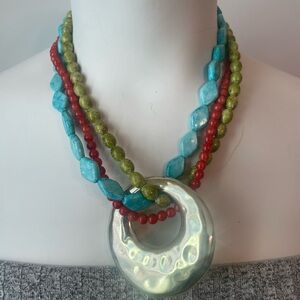 Vintage Multi-Color Stone Necklace with Gold Pendant